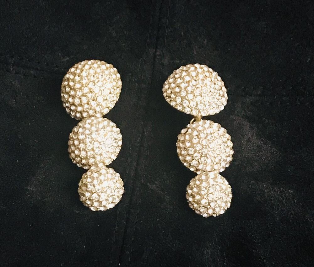 Vintage Rhinestone Triple Ball Drop Earrings - Gold Tone Setting - Elegant